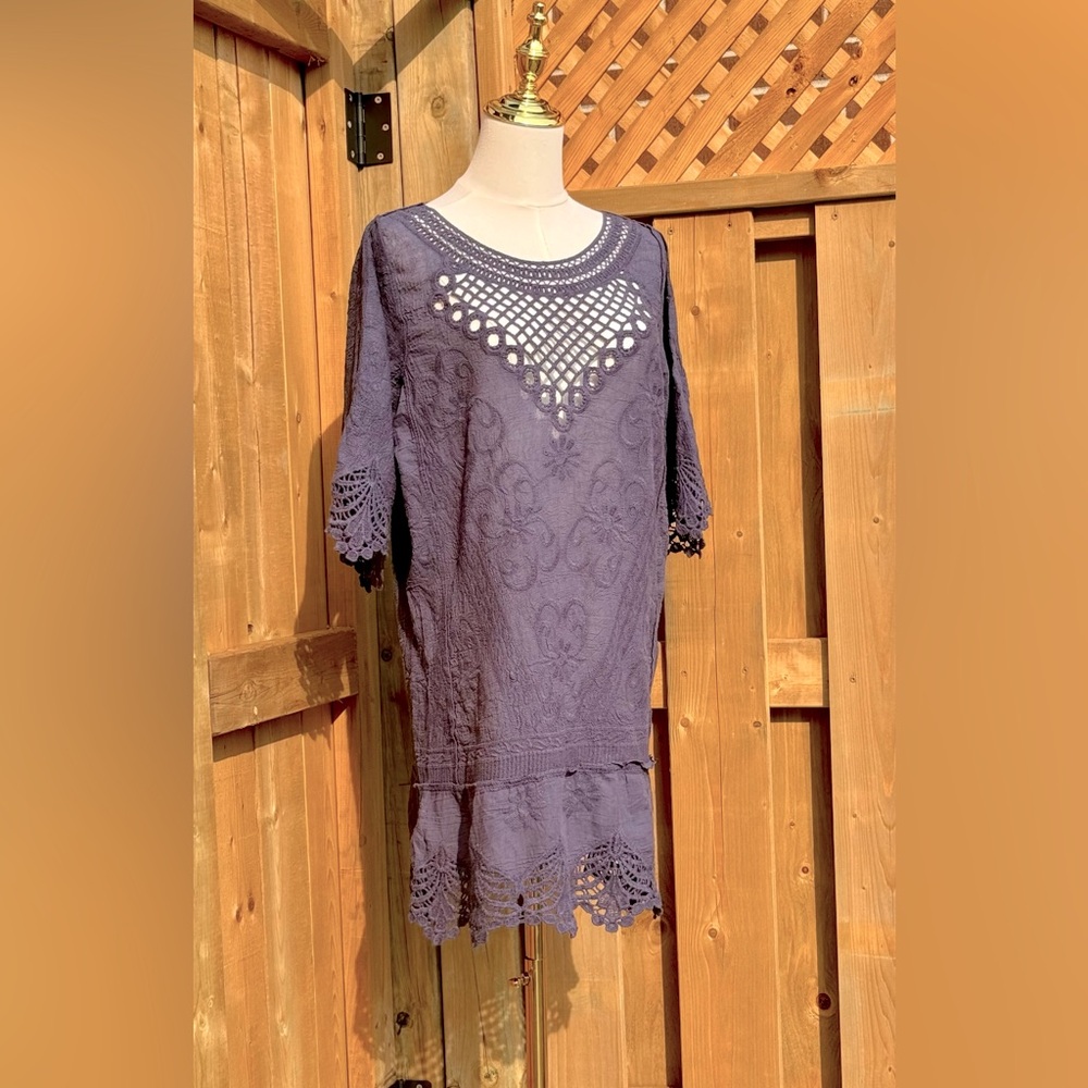 🆕 FARM Rio 🧿 NWOT Navy Blue Crochet Tunic Dress, Sz M